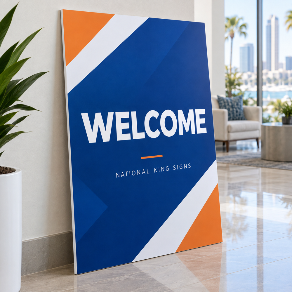 Illustrative foam board custom-print mockup; one 24 x 36 inch base sign, final artwork confirmed before production.