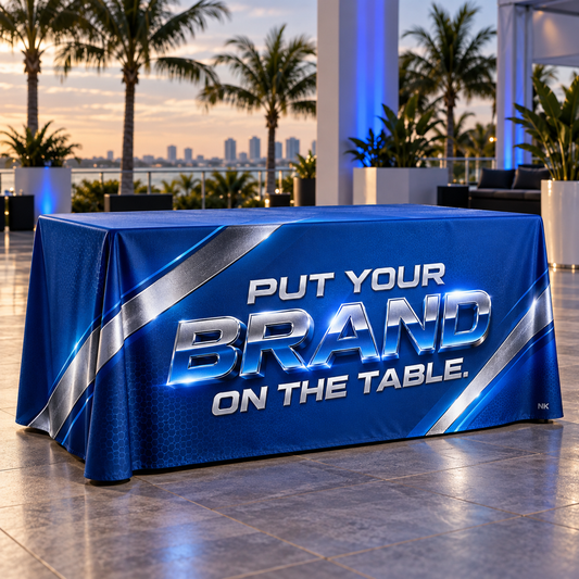Premium full-color table throw with blue and silver custom brand design