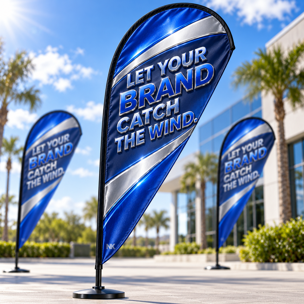 Premium Teardrop Flags with blue and silver full-color custom branding