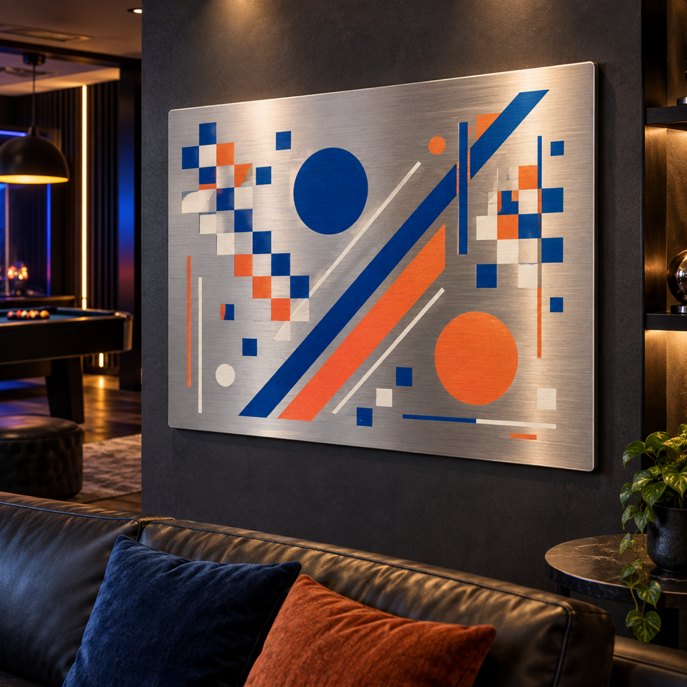 Arte abstracto original para arcade y sala de juegos exhibido en un cartel mural de metal cepillado