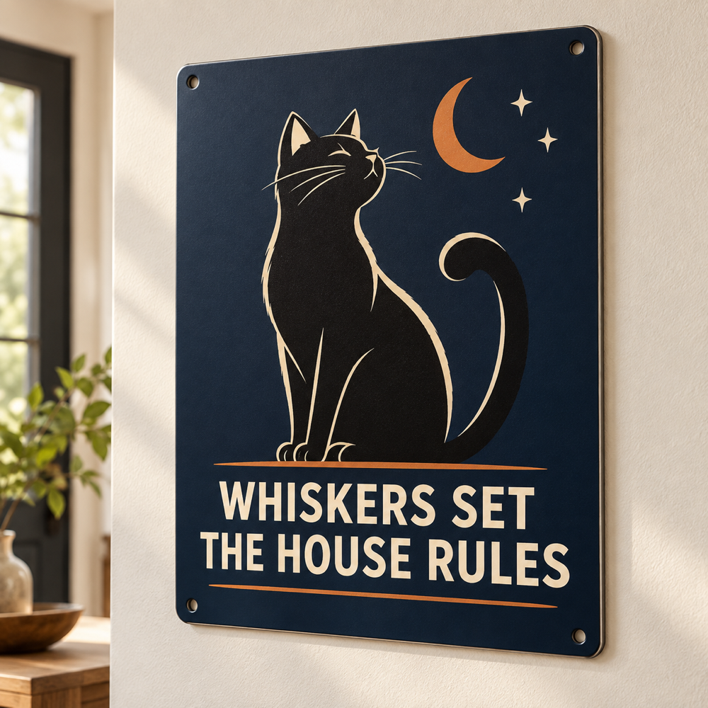Cartel mural metálico azul marino para amantes de los gatos con arte de gato negro y la frase Whiskers Set the House Rules