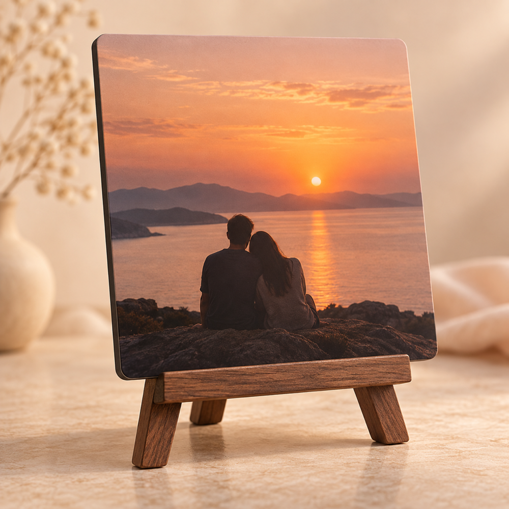 Placa fotográfica romántica delgada sobre un mini caballete de mesa separado, con una imagen anónima de una pareja al atardecer