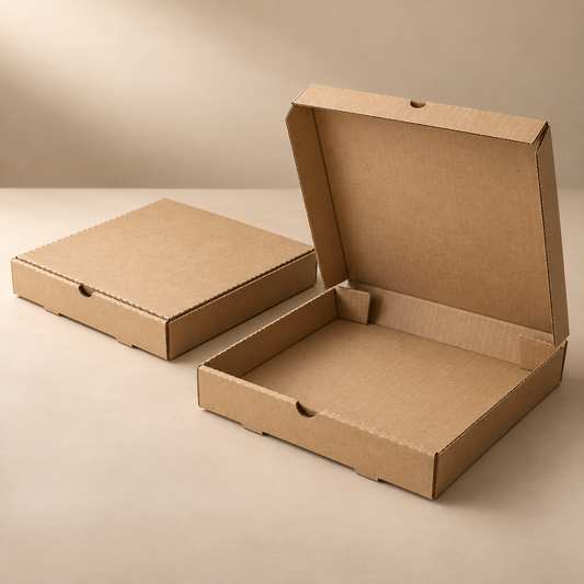 Illustrative AI concept of custom printed pizza boxes, blank and unbranded