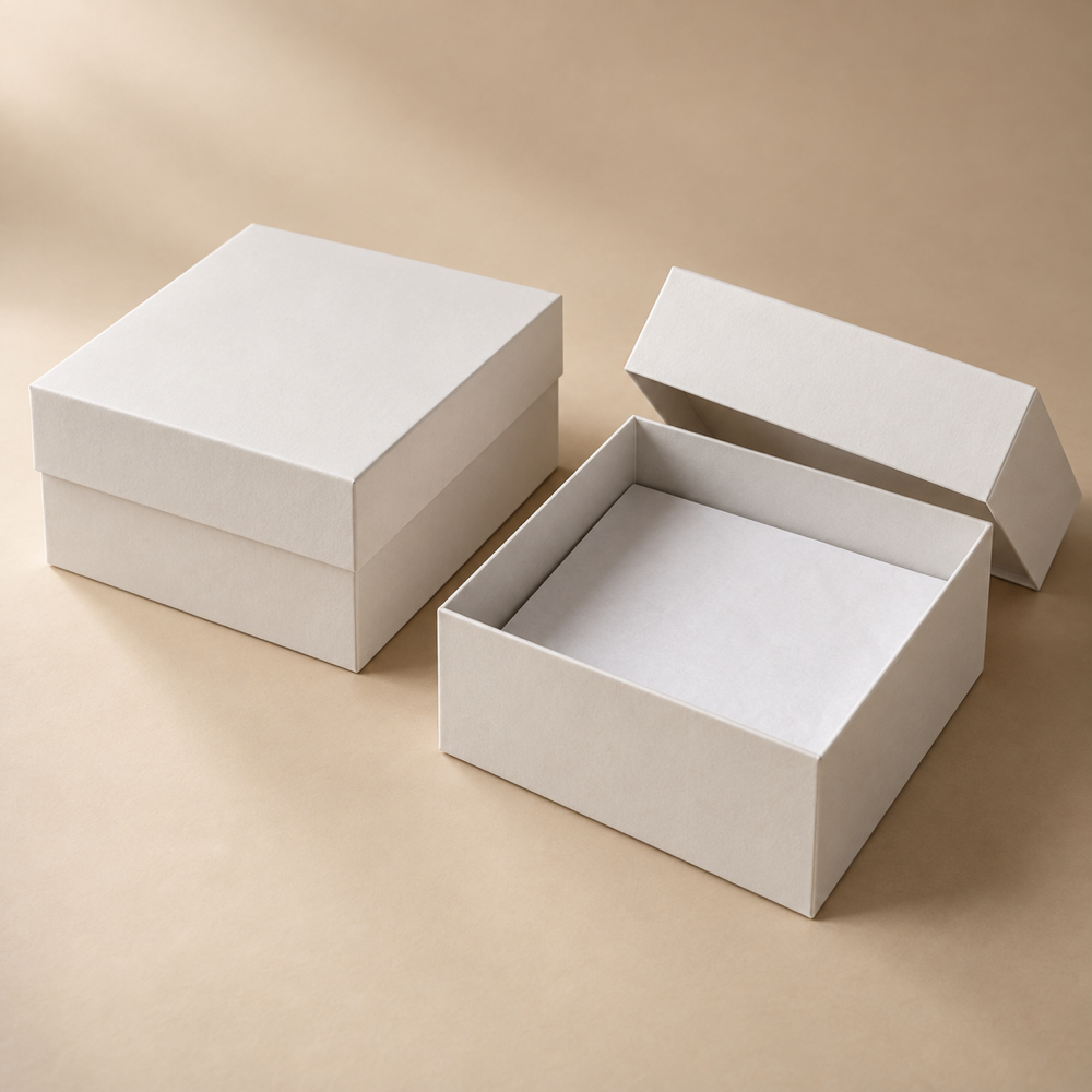 Illustrative AI concept of custom rigid gift boxes, blank and unbranded