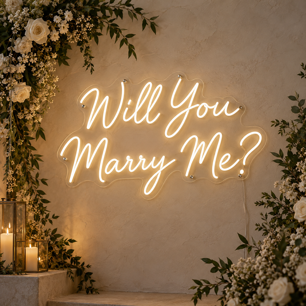Will You Marry Me? LED Neon Sign shown in a styled use setting