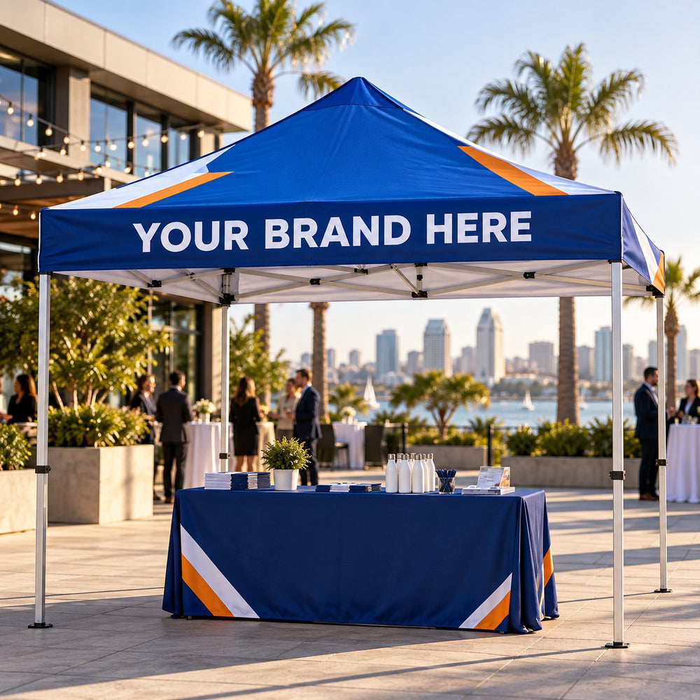 Custom pop-up tent printed with Your Brand Here at a San Diego business event