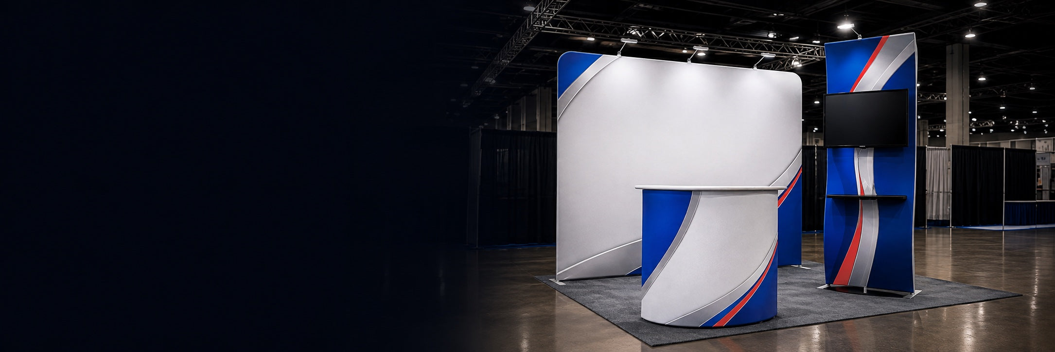 NK branded trade show booth with backwall and counter