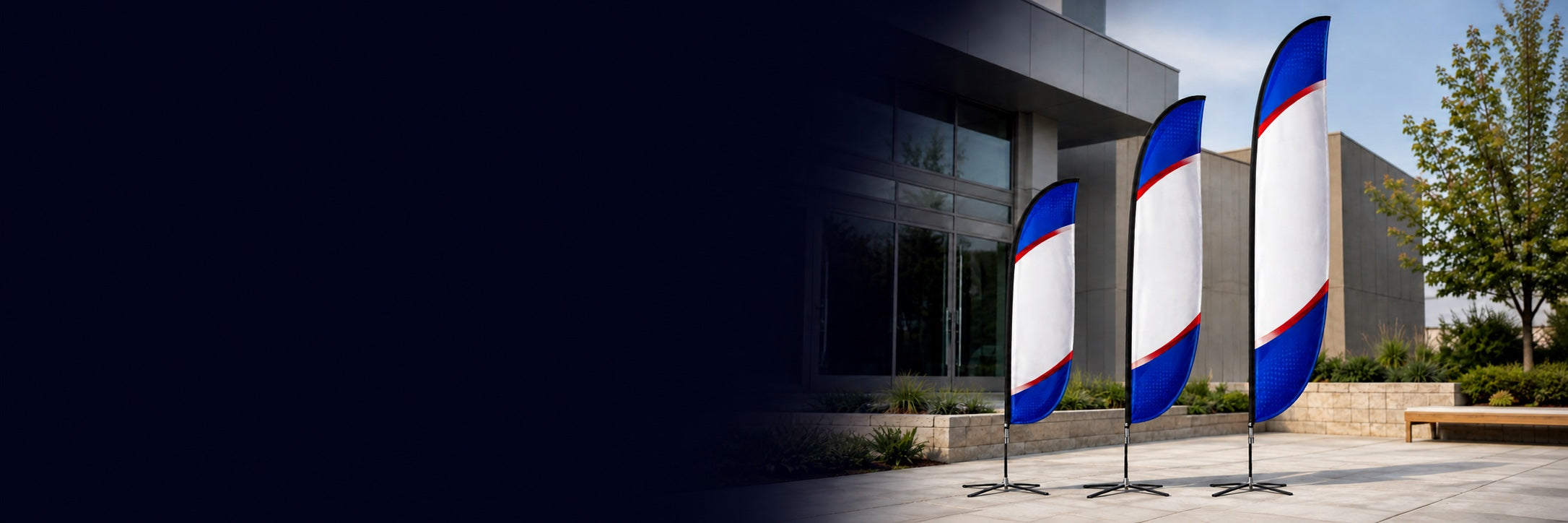 NK branded promotional flags outside a modern business