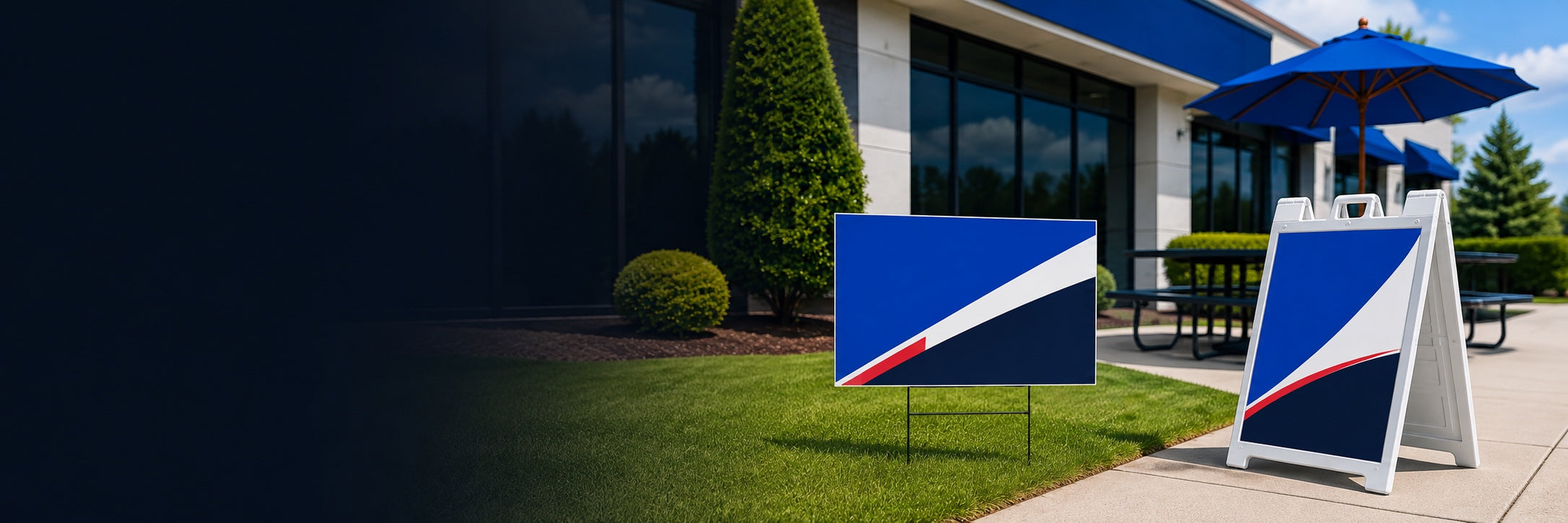 NK branded outdoor display products at a business entrance