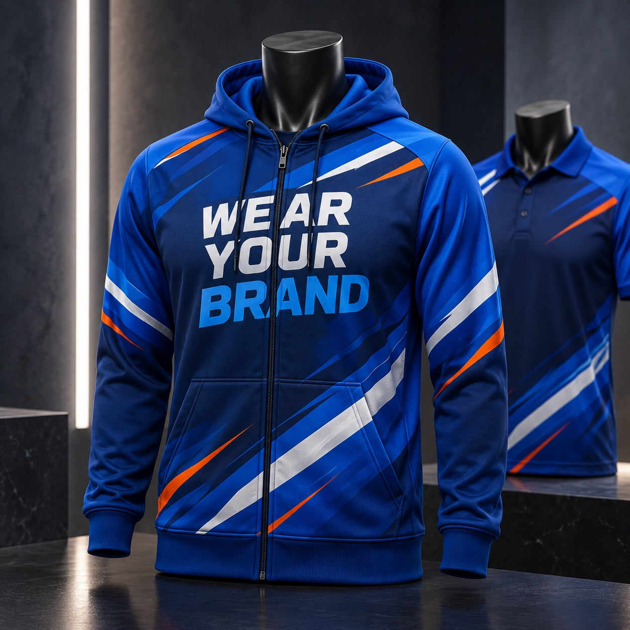 Custom full-zip hoodie printed with Wear Your Brand