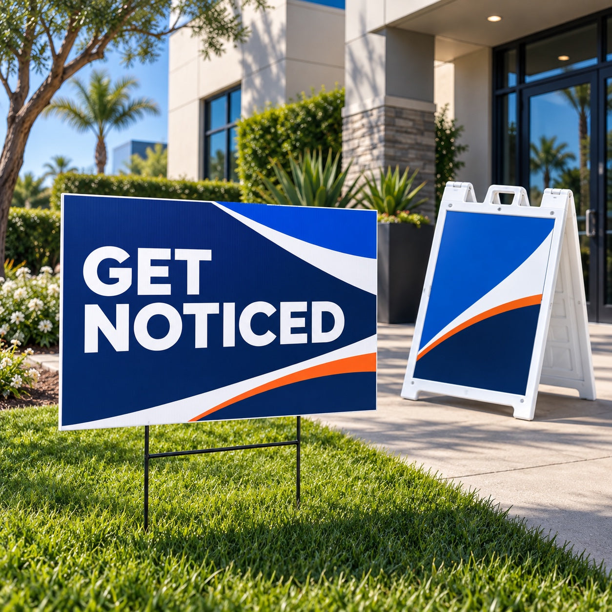 Custom yard sign printed with Get Noticed beside an A-frame sign