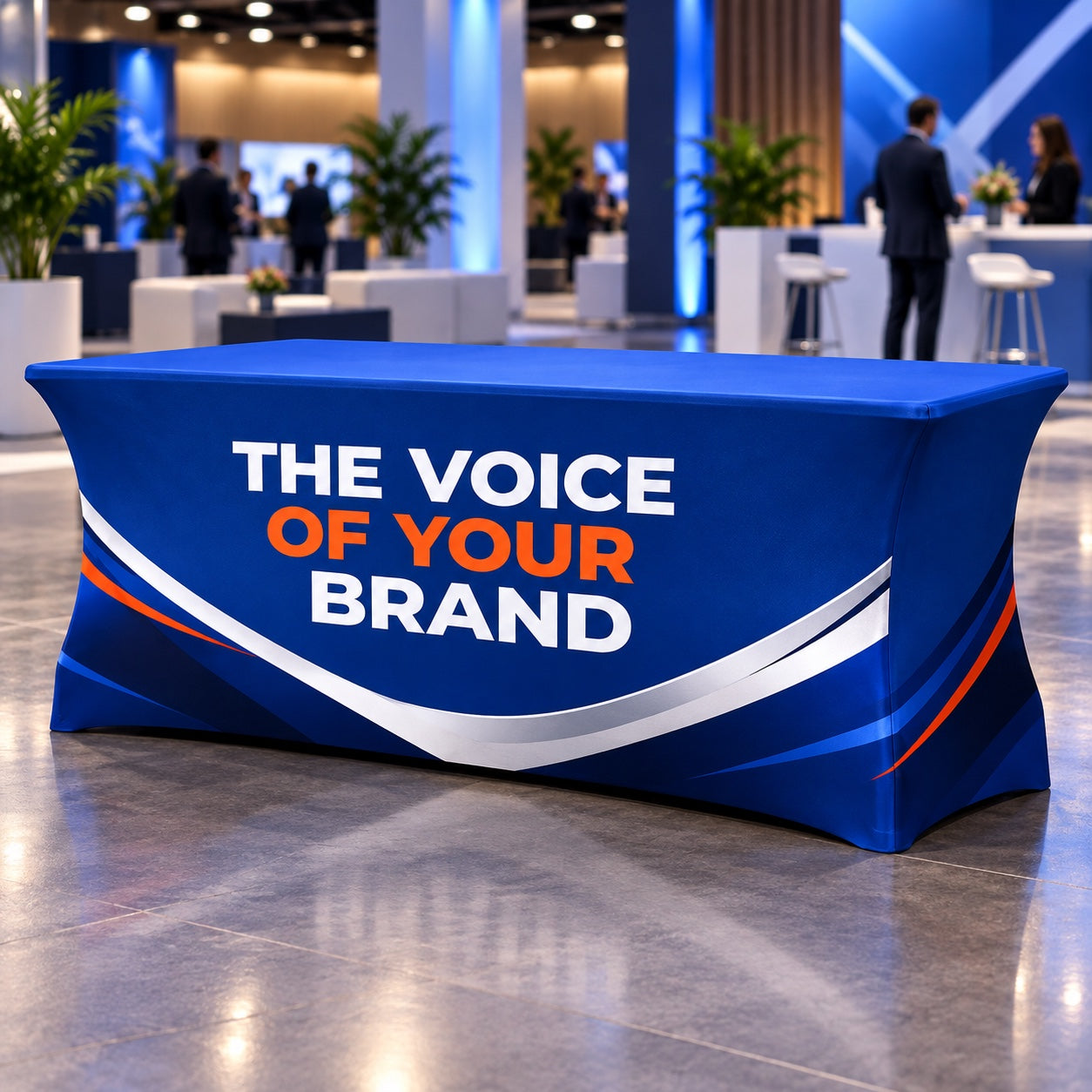 Custom stretch table cover printed with The Voice of Your Brand at a trade show